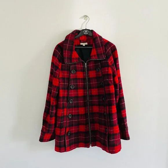 Chris and Jaime Red and Black Woman Checkered Coat Size L - Picture 1 of 7